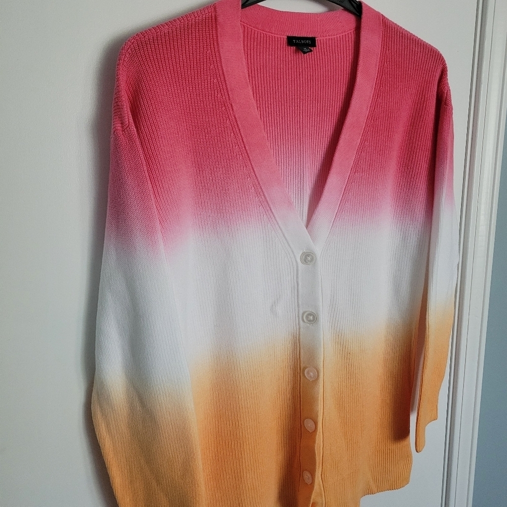 Talbots Cardigan Sweater Womens Pink Orange Ombre Button Front Long M Bright
